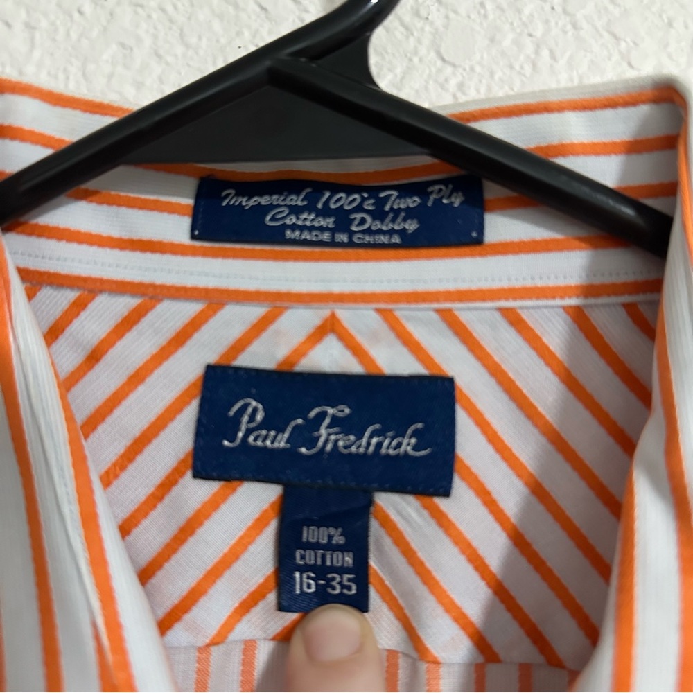 Paul Fredrick Shirt Mens 16-35 Orange Two Ply Cotton‎ Pinpoint Stripe Tennessee - Picture 3 of 5